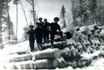 Five men standing on snow covered yarded logs by Bernard A. Chandler